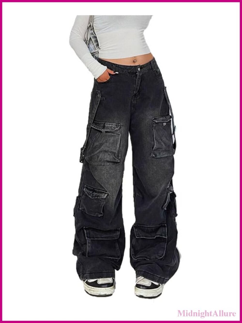 Womens Baggy Cargo Jeans Low Waist Wide Leg Y2K Grunge Utility Pants
